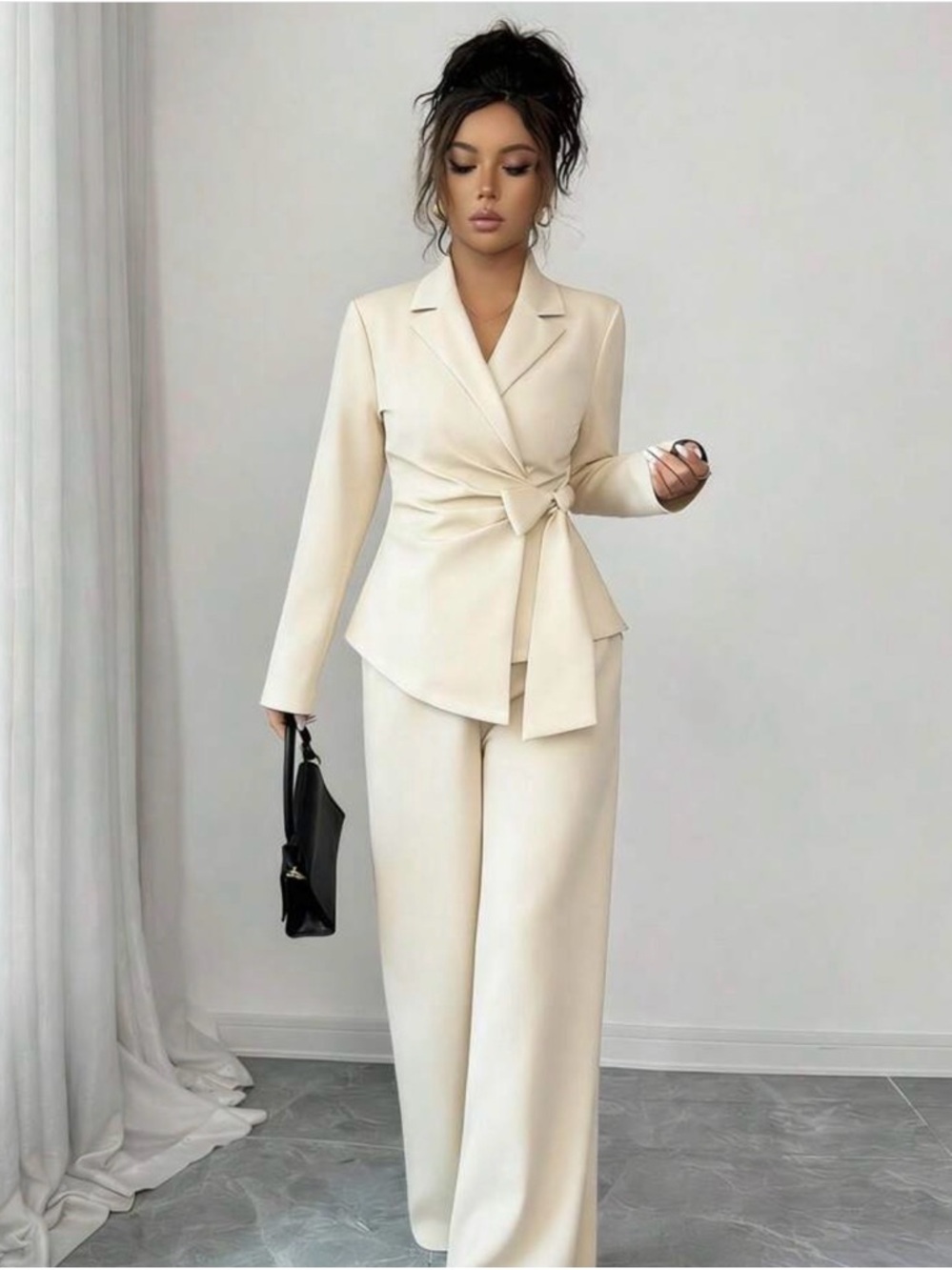 SHEIN Cream Tie-Waist Blazer & Wide-Leg Trousers Suit Set
